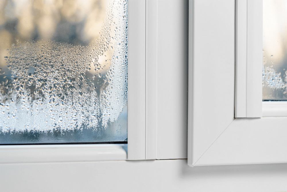 Window pane showing dense condensation droplets collecting and streaking down the glass, framed by a white vinyl sash with blurred outdoor light visible through the fogged lower-left pane.