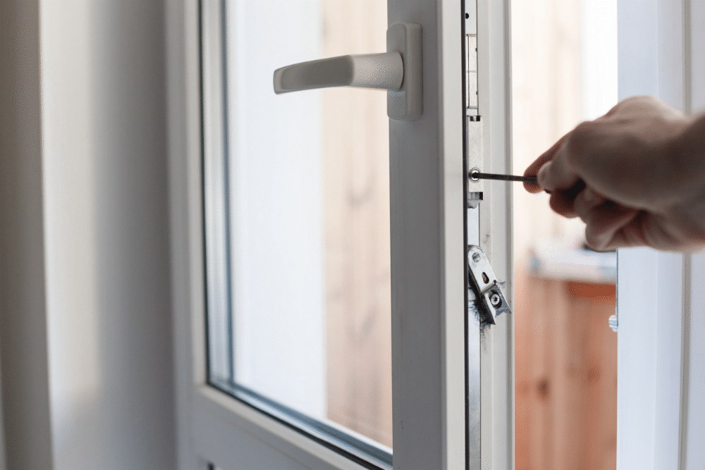 White door lock mechanism being tightened by a hand turning a screwdriver, next to a white handle and glass pane, interior room with blurred wooden background.